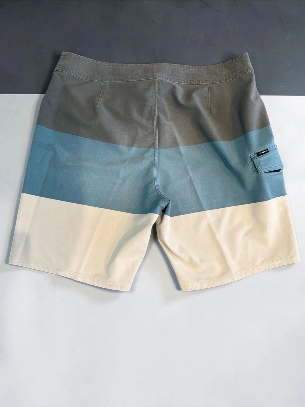 O’Neill Color-block Stripe Swim Trunks - Gray/Blue/Cream size 34